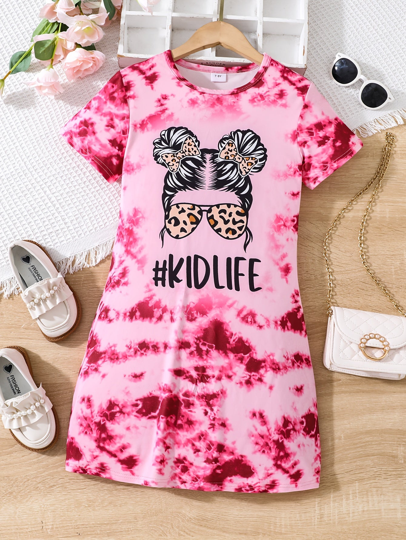 Girls Tie Dye Short Sleeve T Shirt Dress Loose Fit Comfortable Random Print