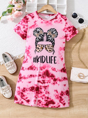Girls Tie Dye Short Sleeve T Shirt Dress Loose Fit Comfortable Random Print