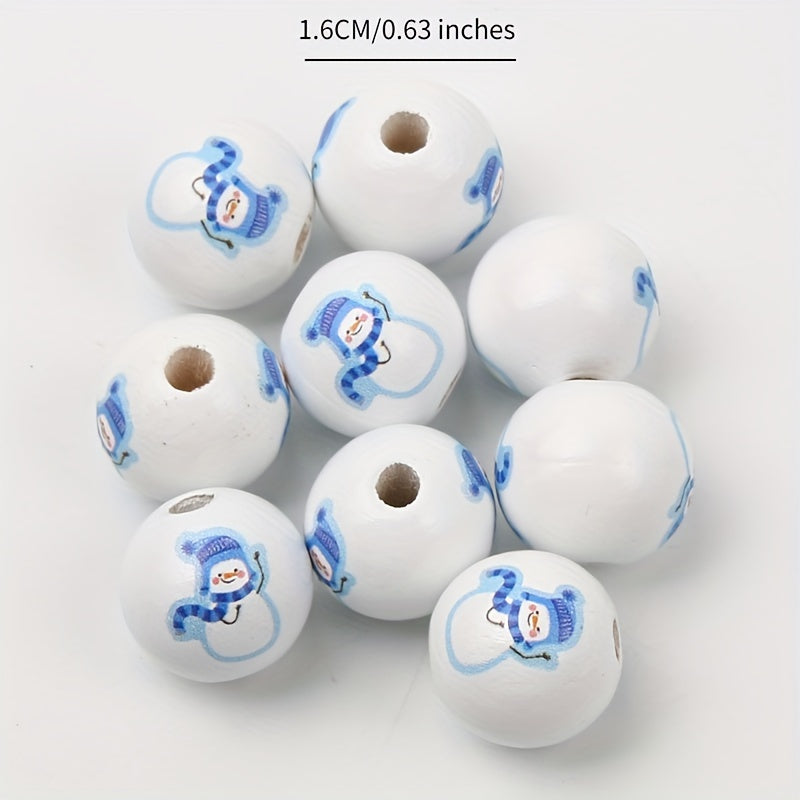 10pcs Christmas Printed Wooden Beads Set Snowman Elk Decorative