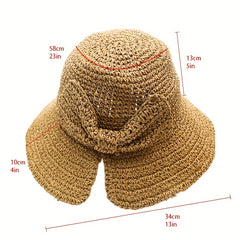 Vintage Crochet Bucket Hat with Bowknot Foldable UV Protection