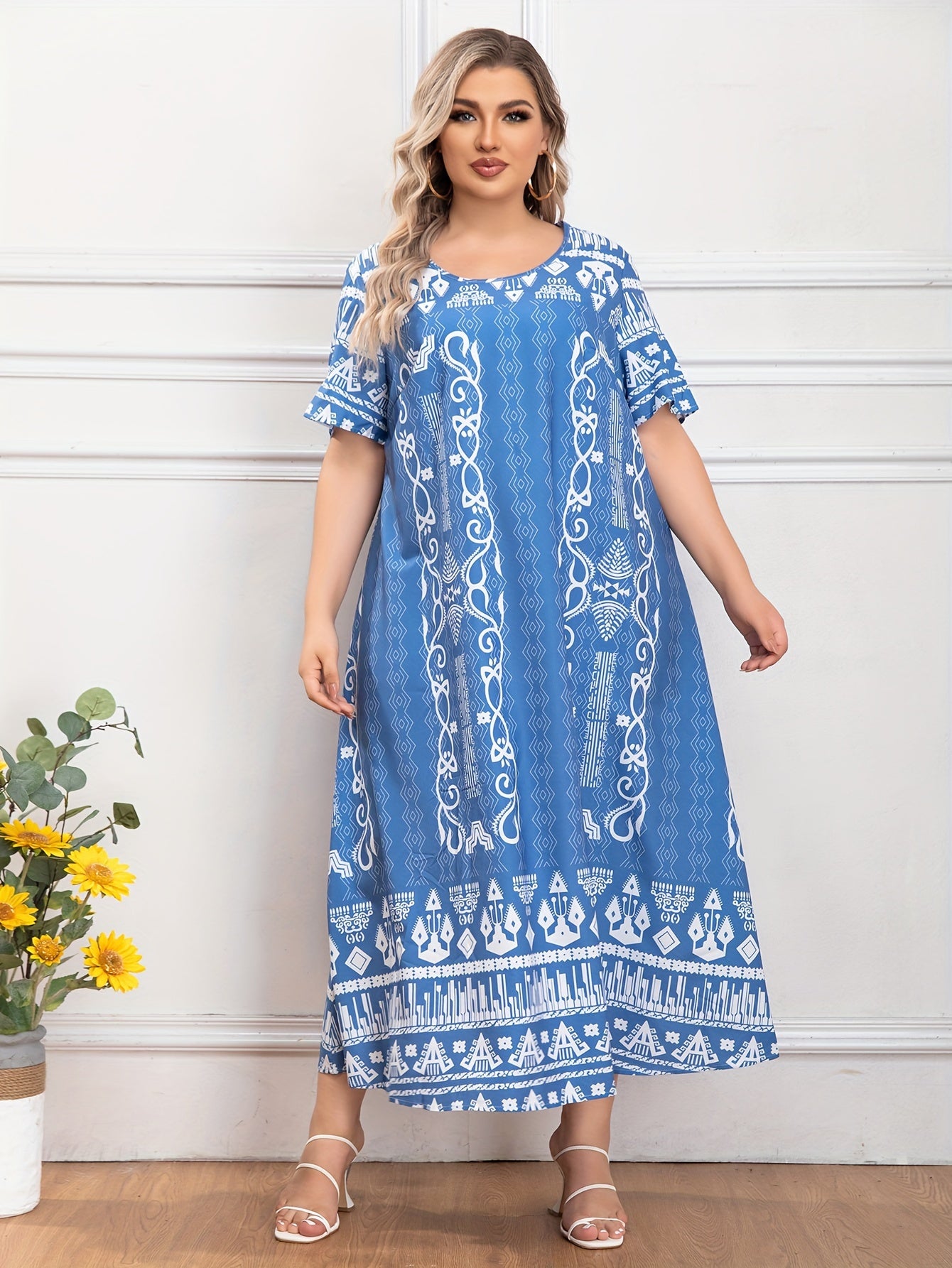  Boho Abaya Dress Women's Plus Geo Print Maxi Jalabiya Dress