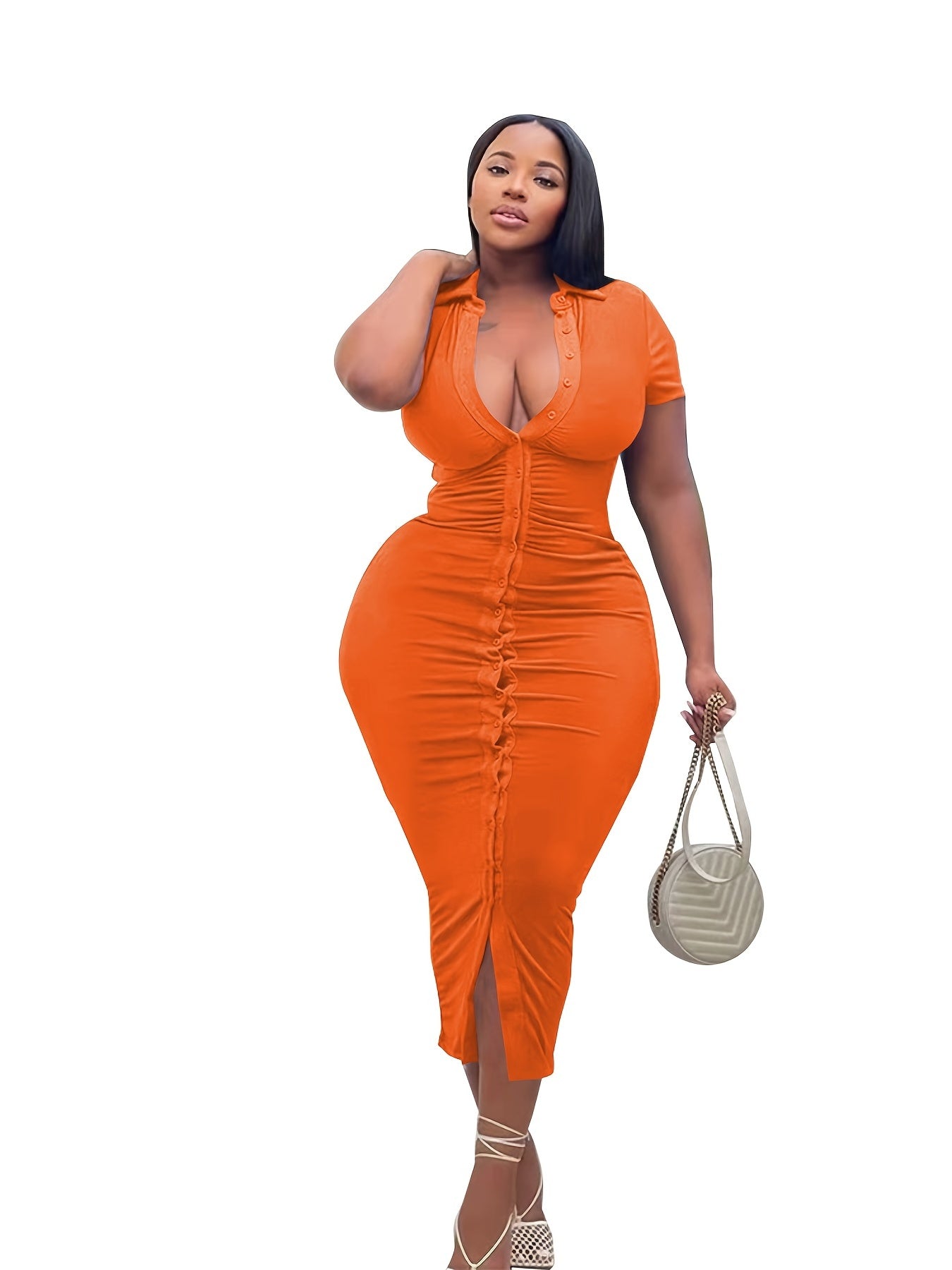 Solid Bodycon Dress Short Sleeve Button Up Sexy