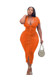  Solid Bodycon Dress Short Sleeve Button Up Sexy