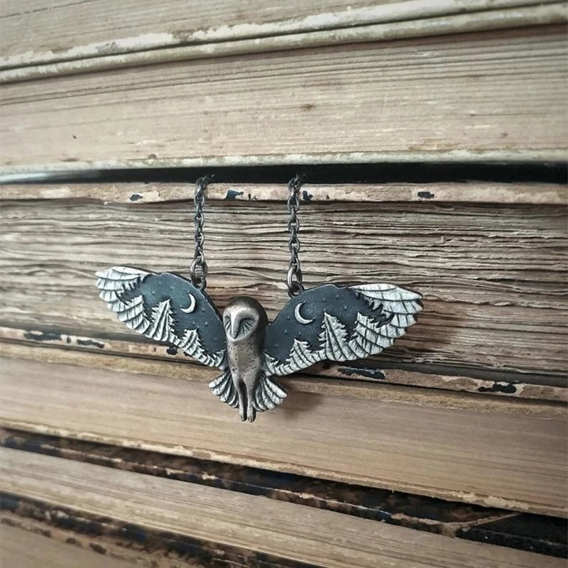 Vintage Silver Owl Pendant Necklace with Floating Charms