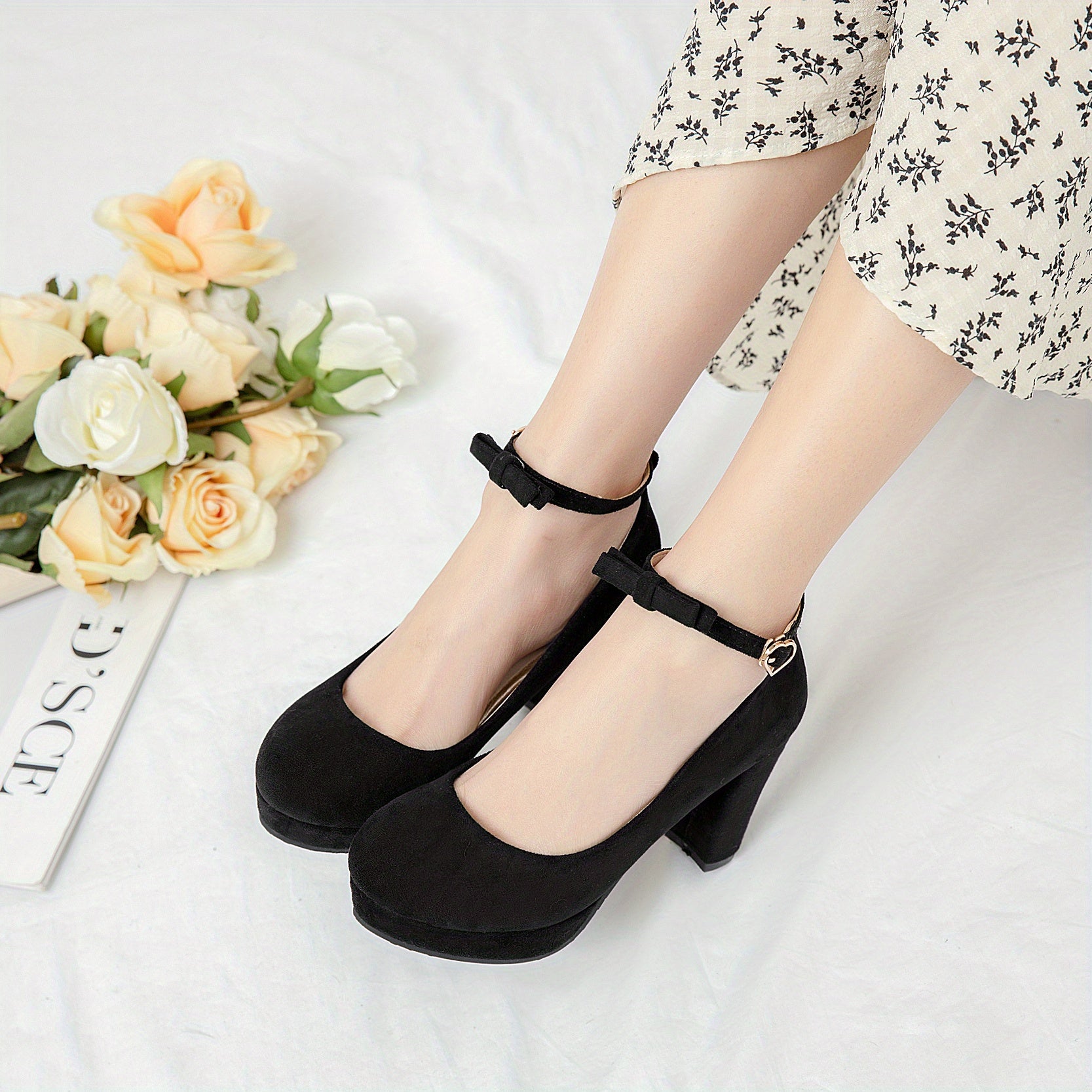 Women's Platform High Heels Ankle Strap Bow Dress Pumps