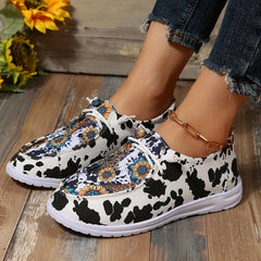 Floral & Cow Printed Slip On Canvas Shoes Low Round Toe Non slip Flat Shoes