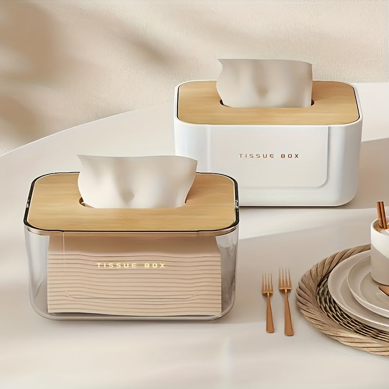 Plastic Tissue Box With Wooden Lid Modern Minimalist Style