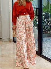 Solid Surplice Neck Top & Floral Wide Leg Pants Set