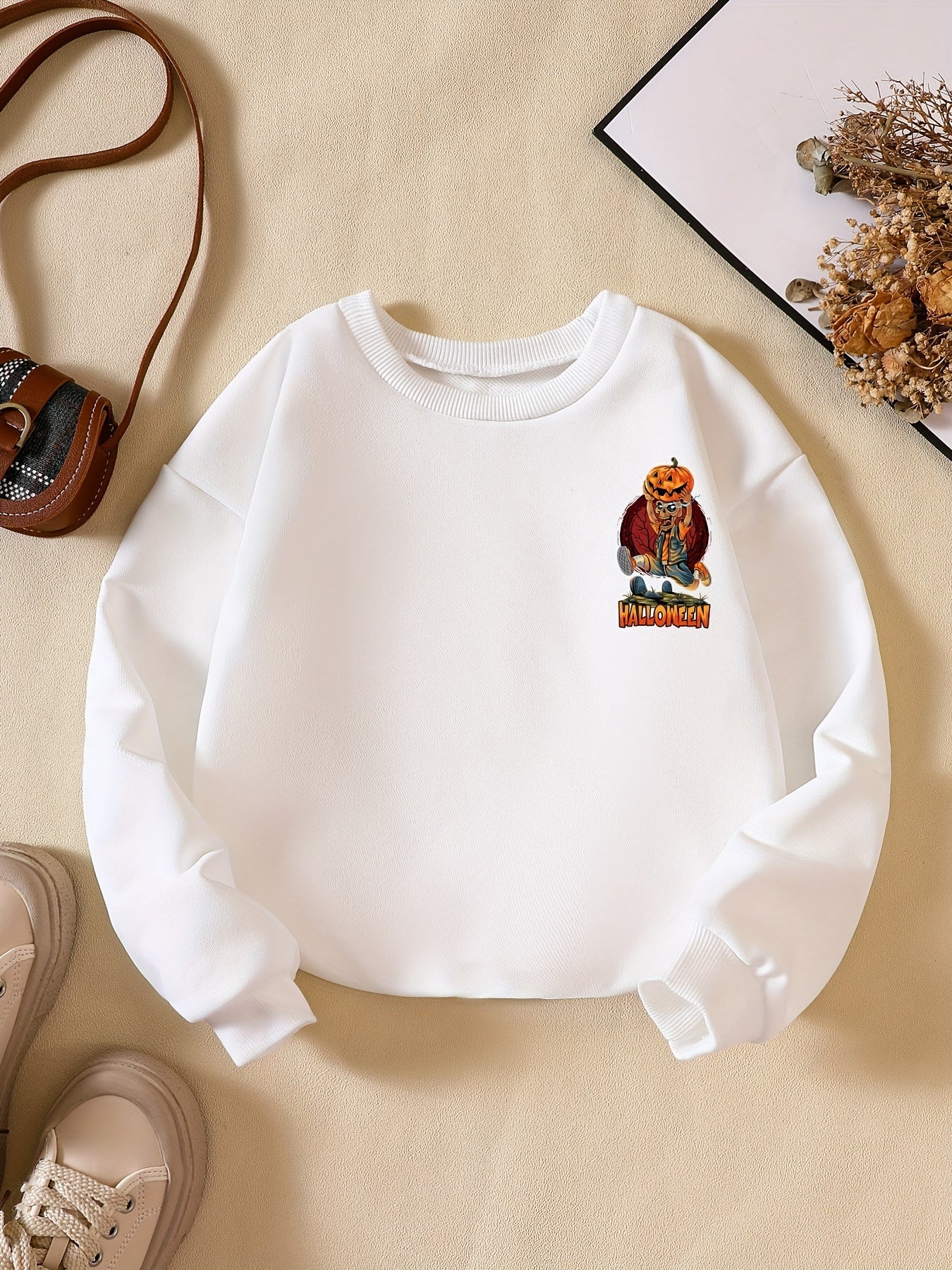 Boys Skeleton Pumpkin Print Sweatshirt Crew Neck Long Sleeve Pullover Top