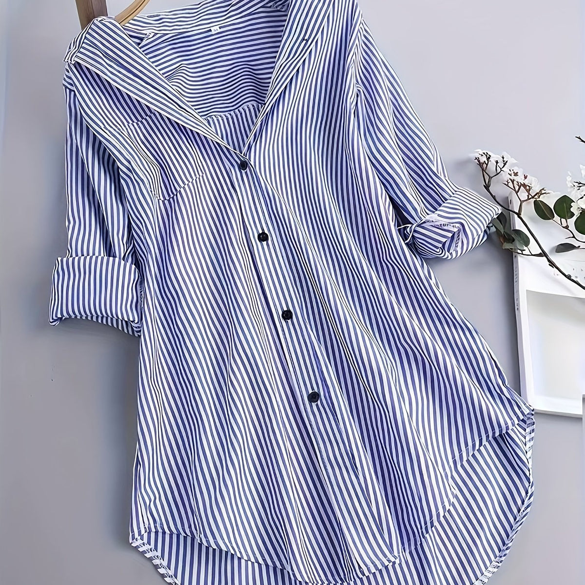  Nautical Stripe Print Button Up Long Sleeve Blouse