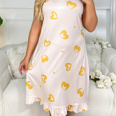  Casual Nightdress Women's Heart Print Ruffle Trim Cami Sleep Dress