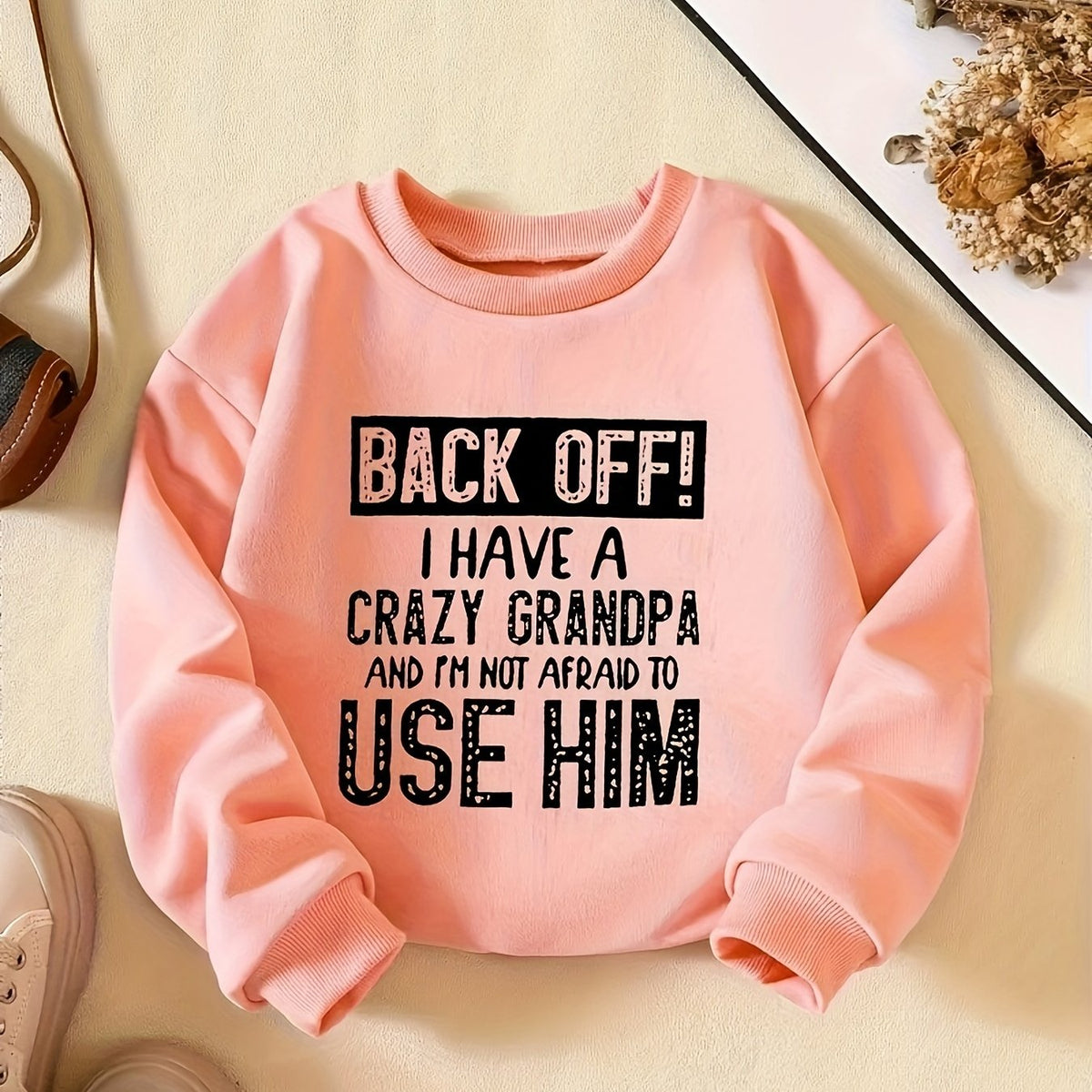 Girls Crazy Grandpa Print Round Neck Sweatshirt Pullovers