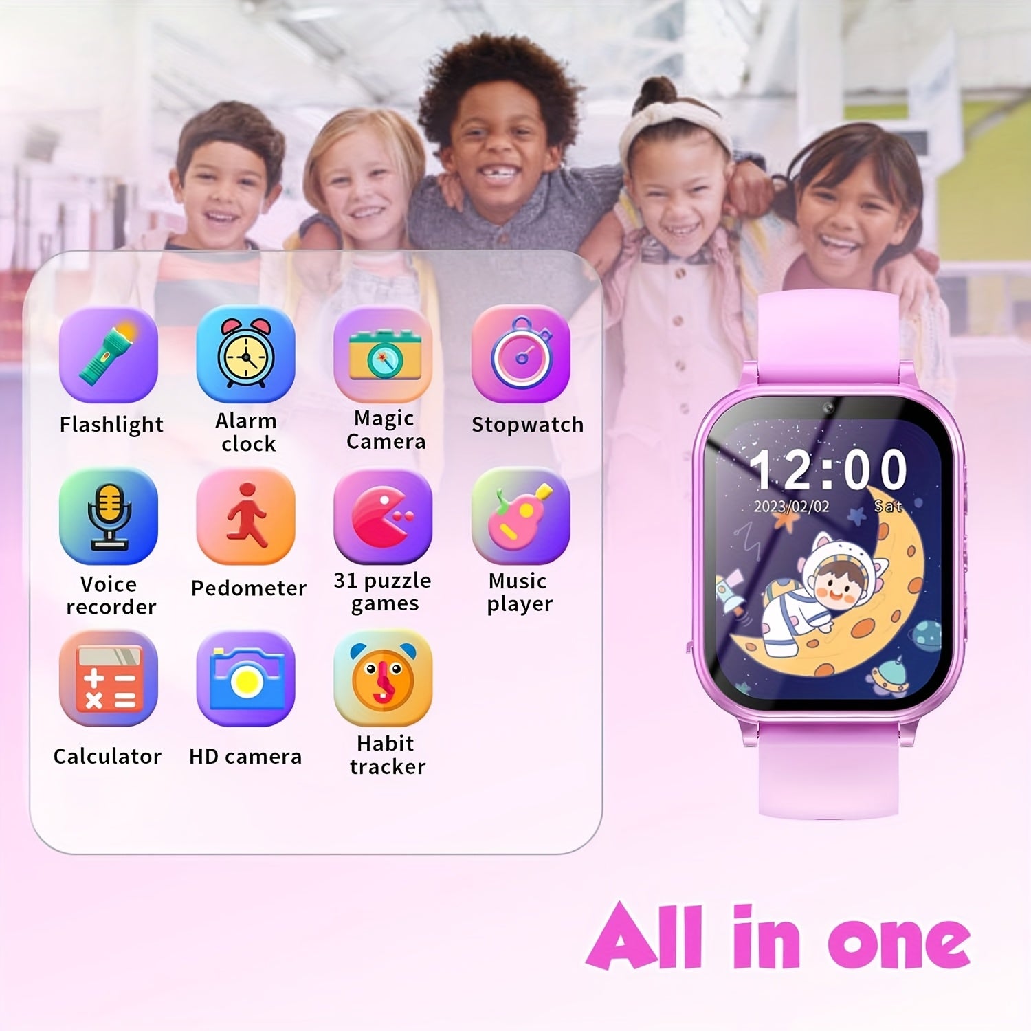 Pink Kids Smartwatch with HD Touch Screen Educational Games Music & Camera