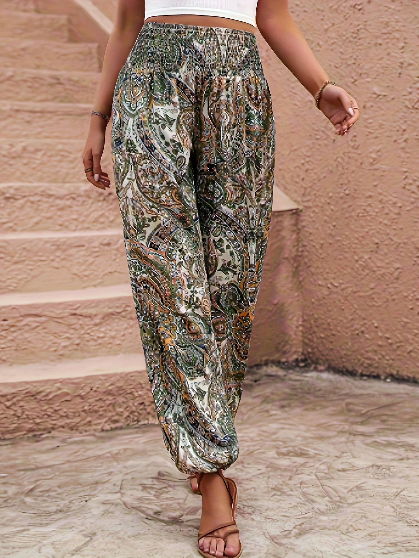  Paisley Print Shirred Waist Lantern Trousers