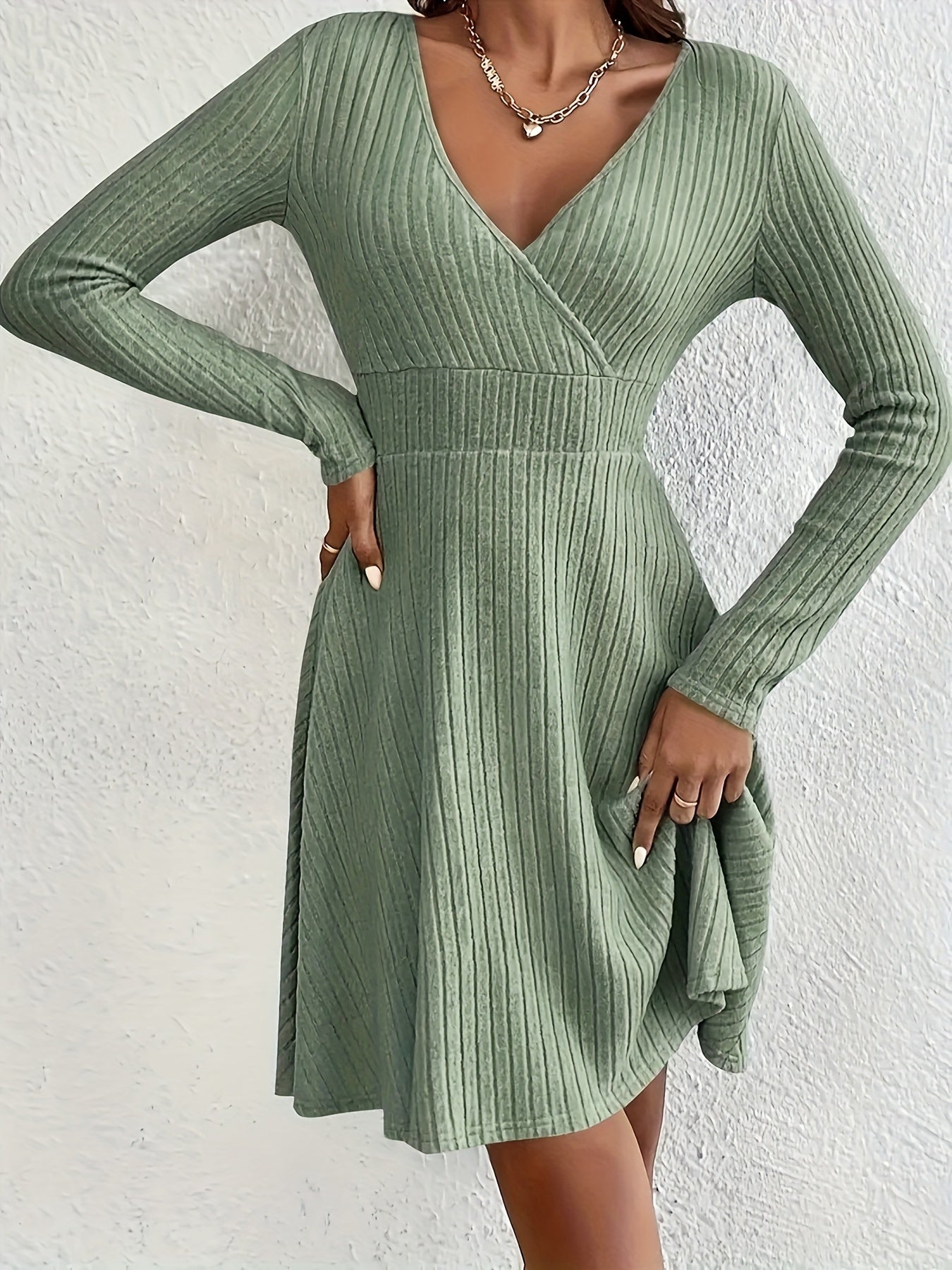  Solid Ribbed Long Sleeve Midi Dress