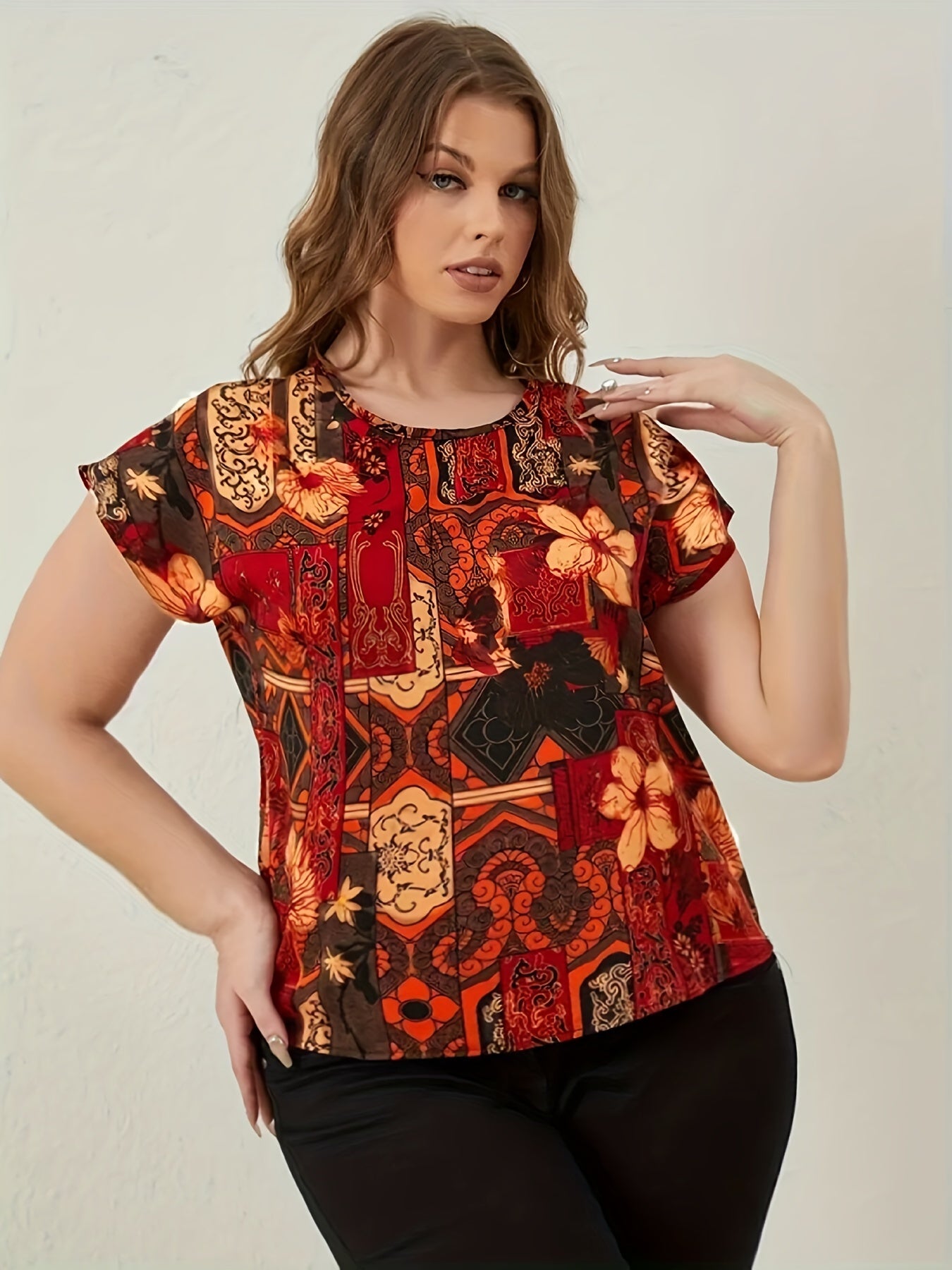  Boho Blouse Women's Plus Floral Print Short Sleeve Round Neck T