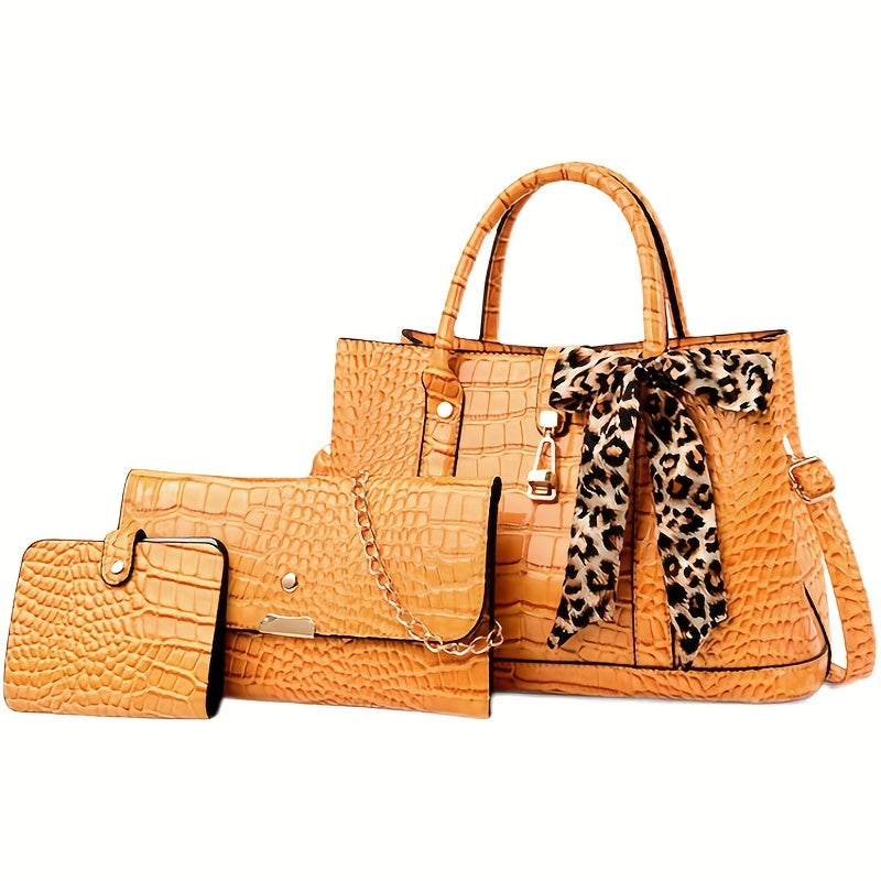 3 Pcs Crocodile Embossed Bag Set Tote Shoulder Clutch Card Case