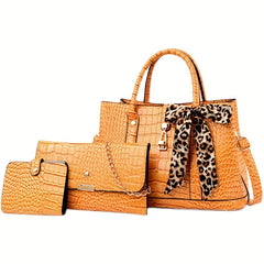 3 Pcs Crocodile Embossed Bag Set Tote Shoulder Clutch Card Case