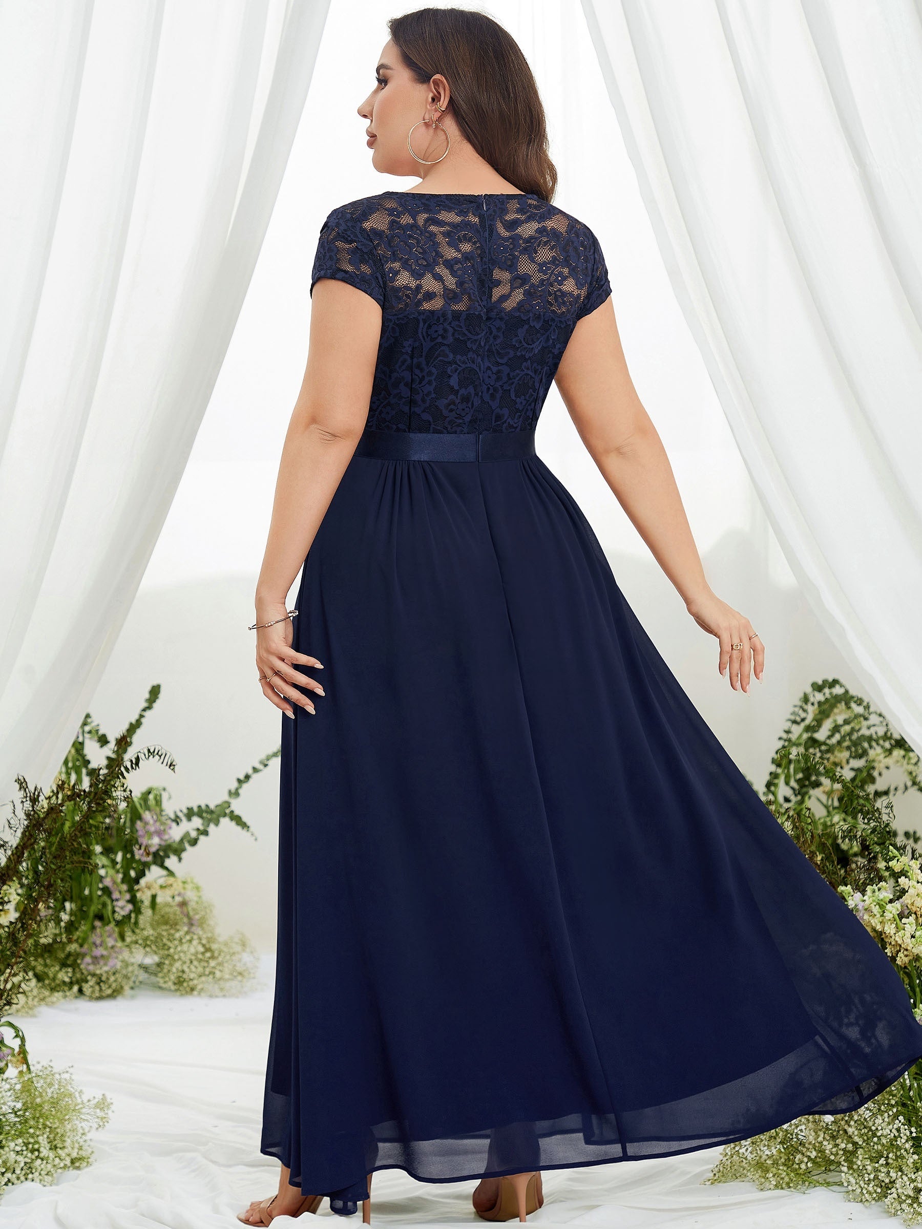  Bridesmaid Dress Solid Lace Short Sleeve V Neck Maxi Formal Dress