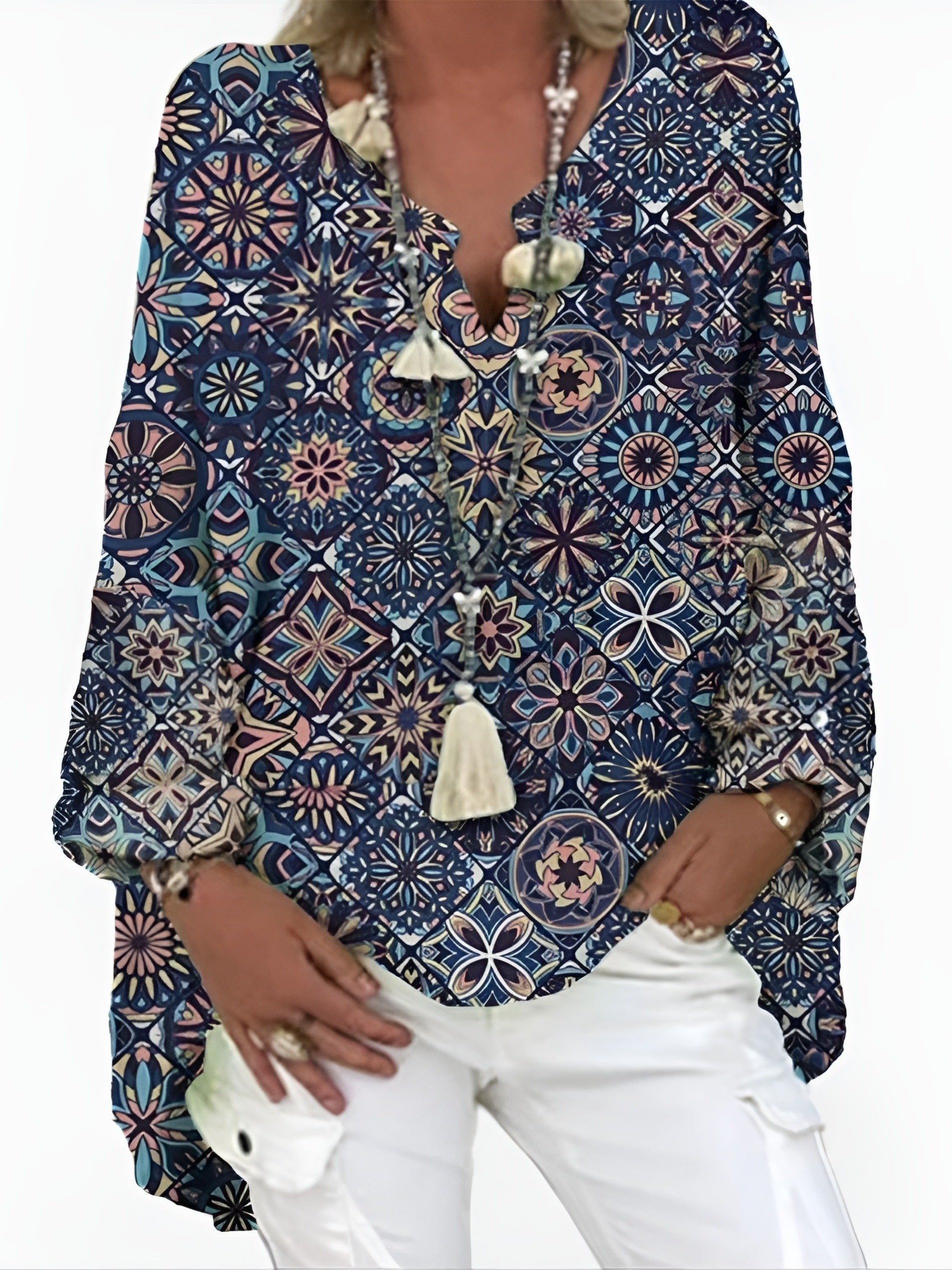  Boho Blouse Women's Plus Graphic Print Long Sleeve Notched Neck Top
