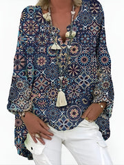  Boho Blouse Women's Plus Graphic Print Long Sleeve Notched Neck Top