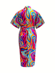  Abstract Print Polo Neck Shirt Dress With Pockets