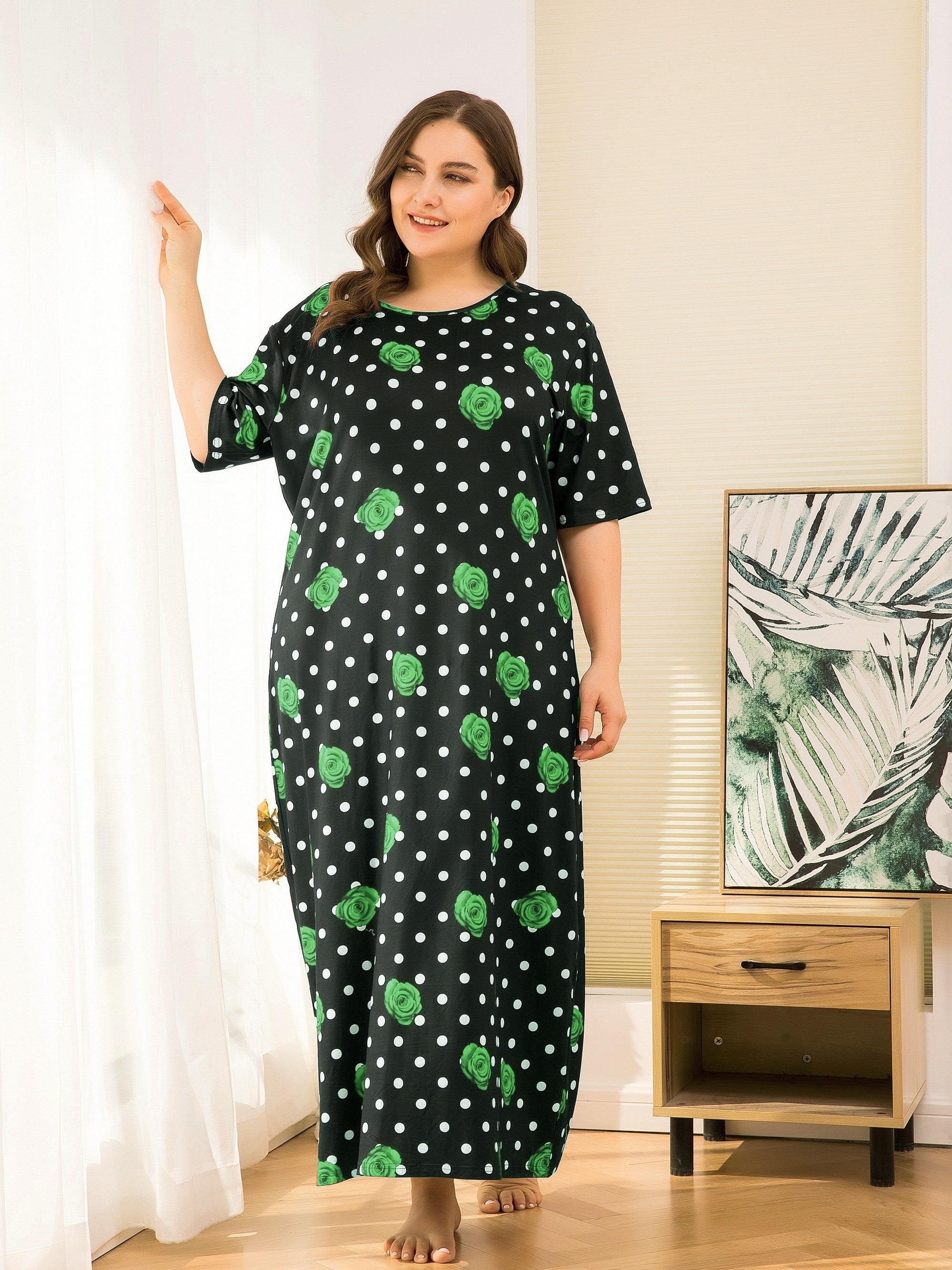  Nightdress: Rose & Dot Print Round Neck Sleep Dress