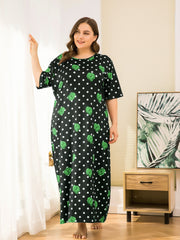  Nightdress: Rose & Dot Print Round Neck Sleep Dress