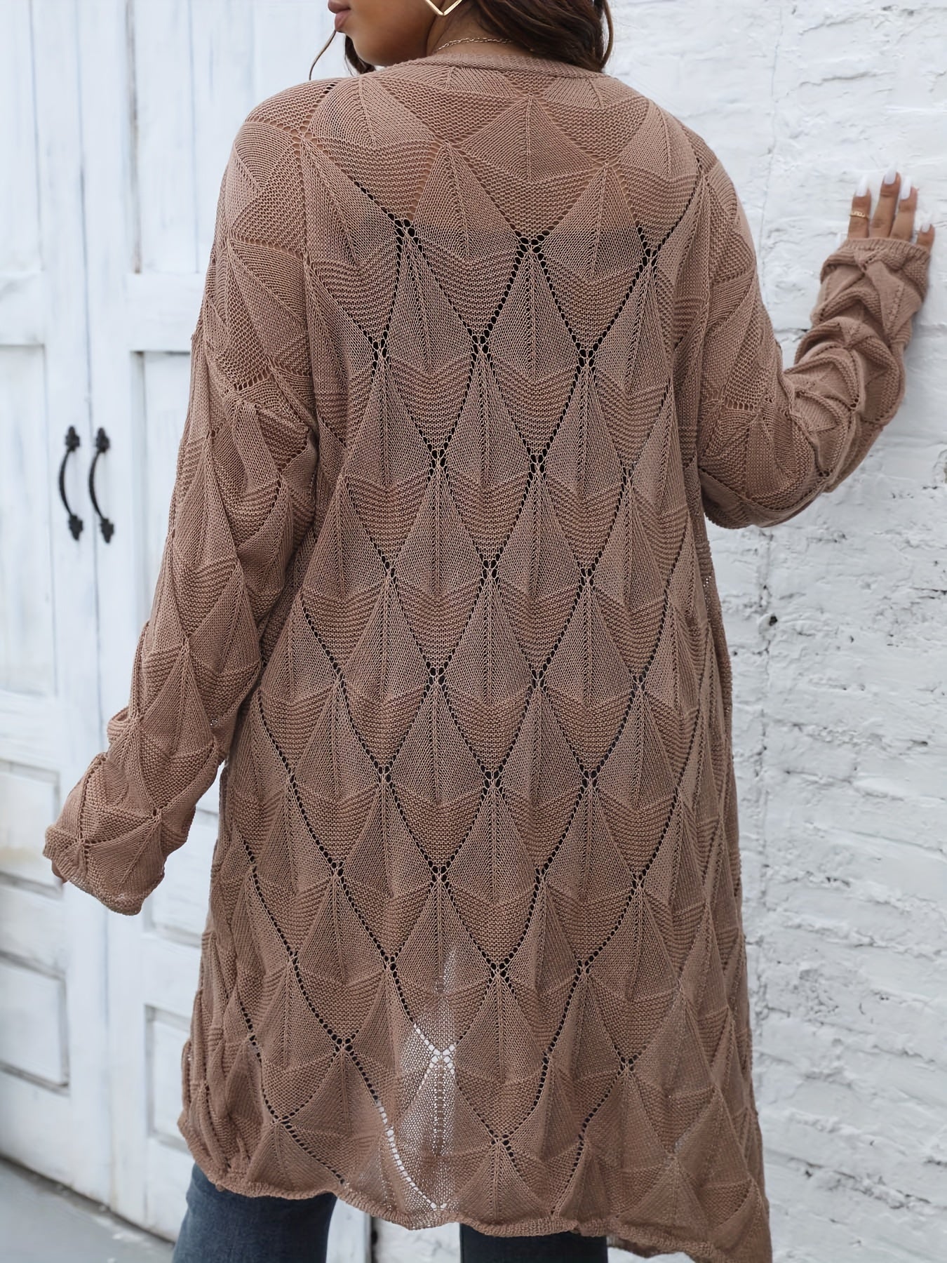  Hollow Out Open Front Long Sleeve Knit Cardigan Sweater