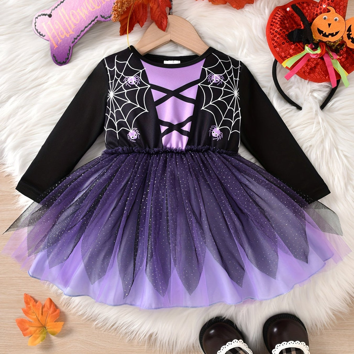 Baby Girls Spider Print Mesh Puffy Dress Halloween Party Long Sleeve