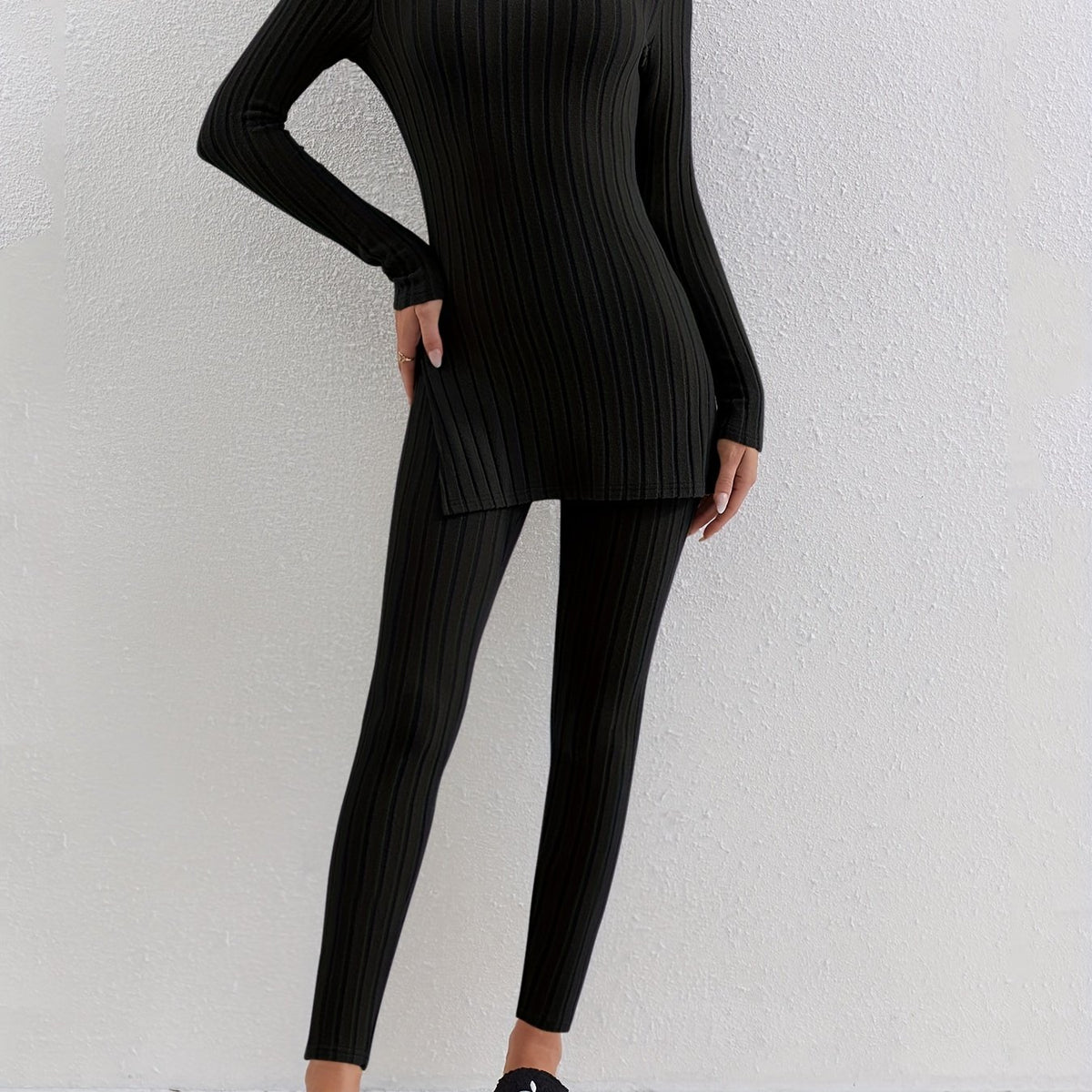 Ribbed Two piece Set Long Sleeve Side Split Top & Pants Outfits