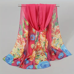 Phoenix Feather Print Chiffon Scarf Boho Shawl Sunscreen Head Wrap