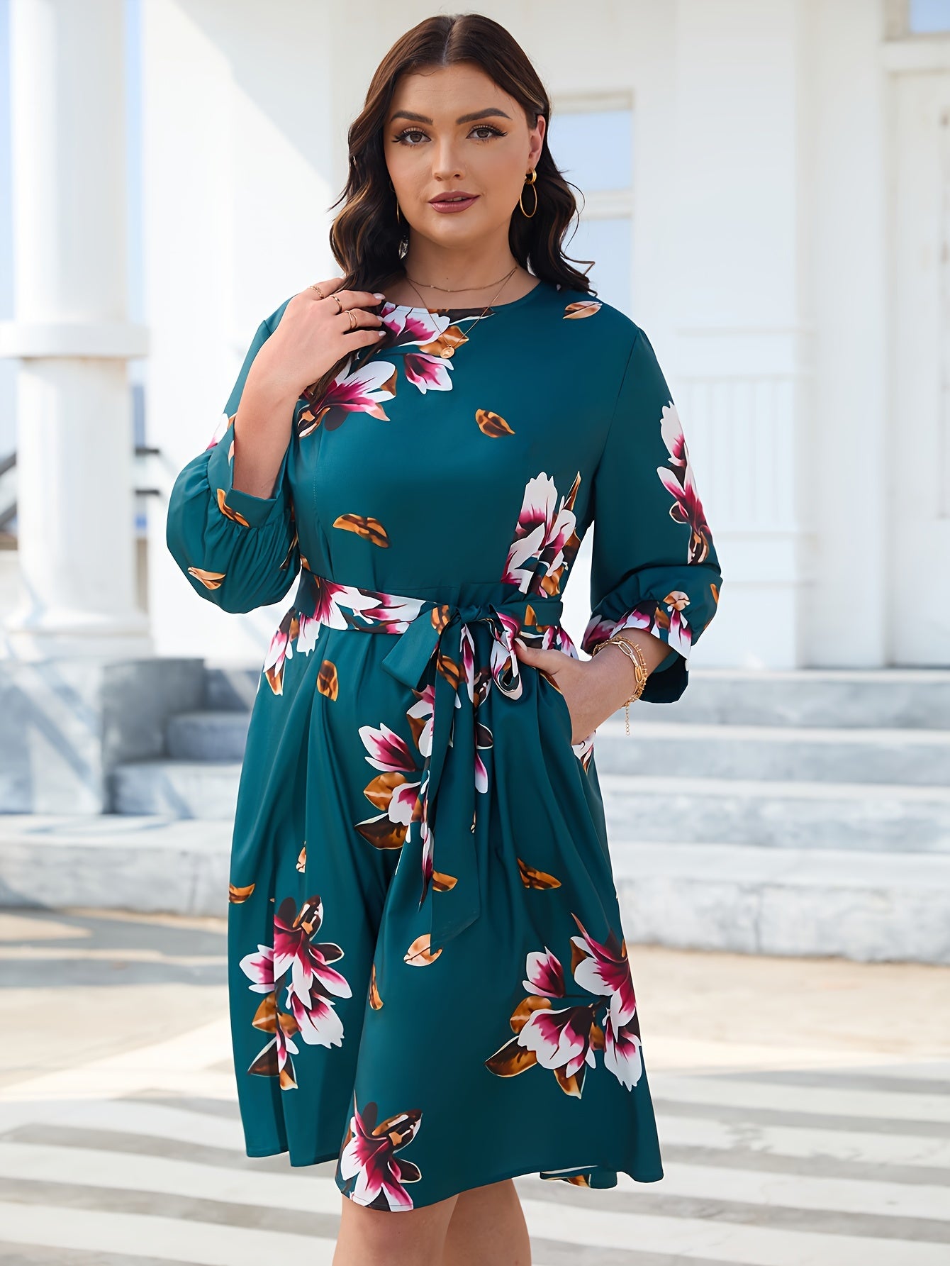  Floral Print Lantern Sleeve Dress