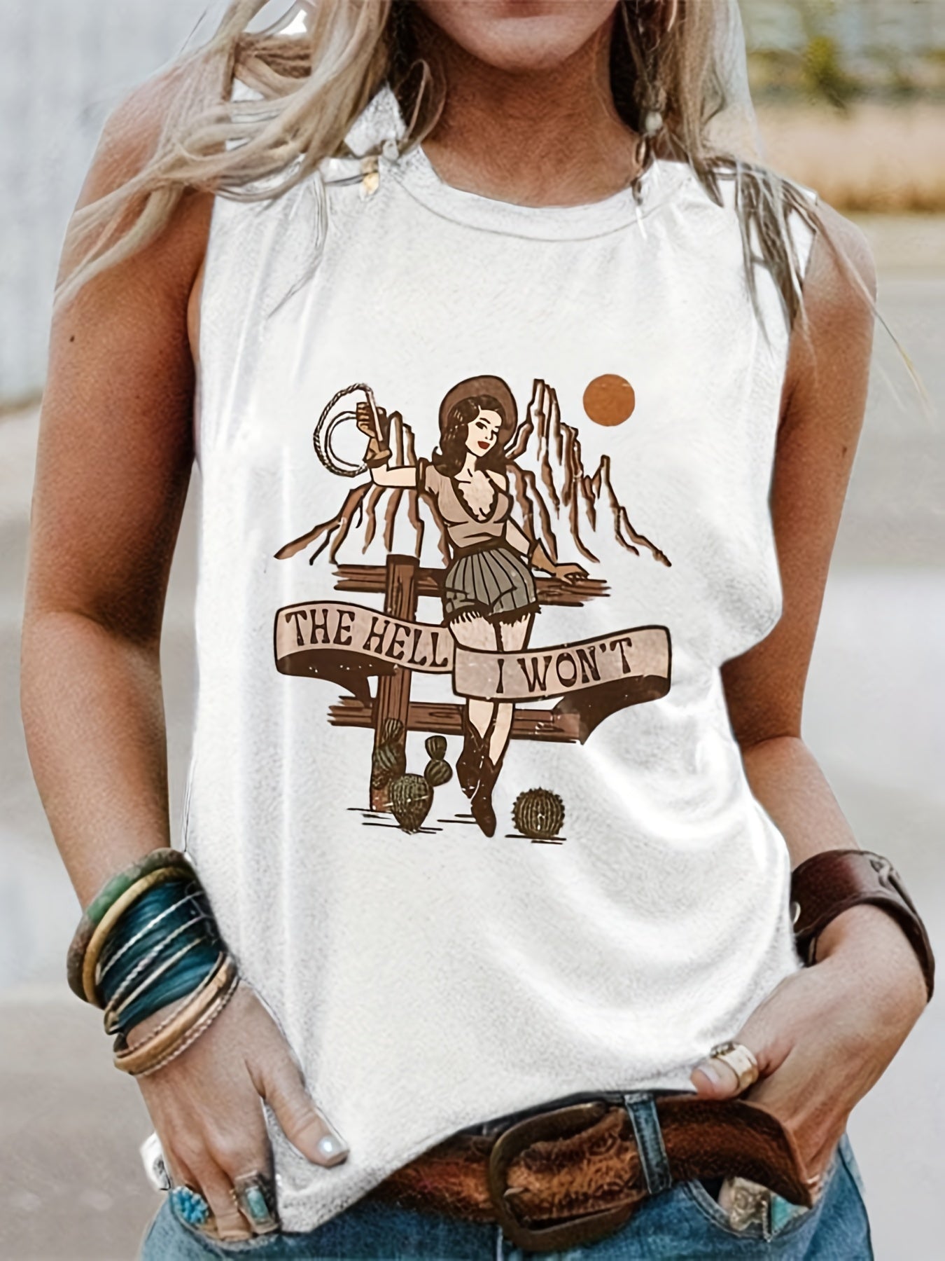 Cartoon Print Tank Top Crew Neck Medium Stretch