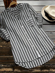  Stripe Print Button Up Roll Up Sleeve V Neck Blouse