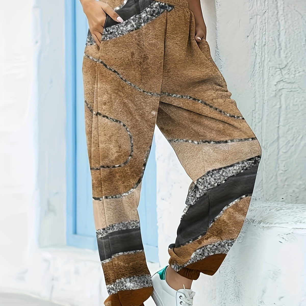  Marble Print High Rise Jogger Pants with Pockets