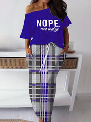  Slogan Print One Shoulder Top & Plaid Print Maxi Skirt Set