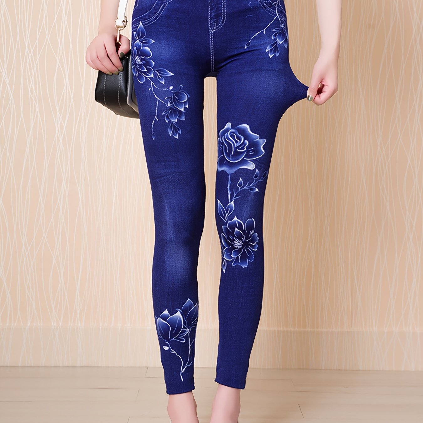 Denim & Floral Print Slimming Yoga Leggings High Stretch Slim Fit