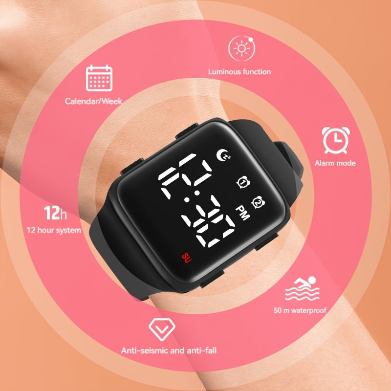 Square Digital Watch Alarm Stopwatch Timer Date Display LED Unisex