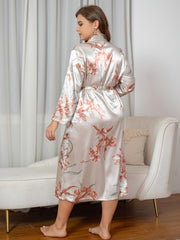  Satin Floral Print Pajama Robe With Belt Women's Plus