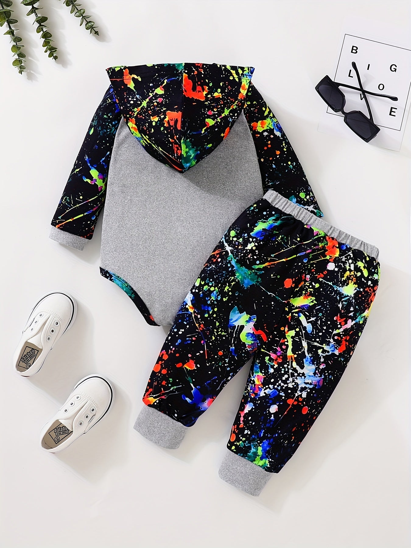 Baby Boy's Graffiti Print Triangle Hoodie Romper & Pants