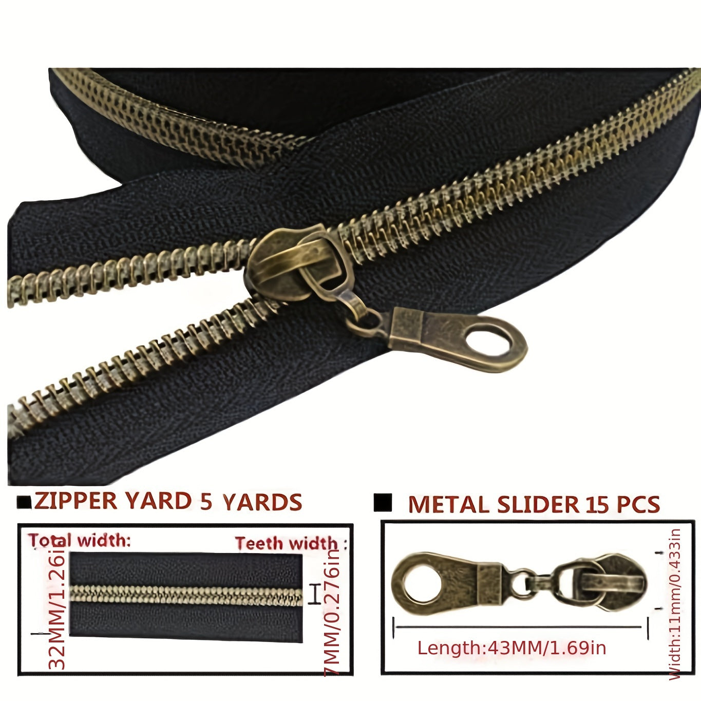 4.57m Antique Brass Nylon Coil Zippers By the Yard with Pulls