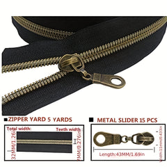 4.57m Antique Brass Nylon Coil Zippers By the Yard with Pulls