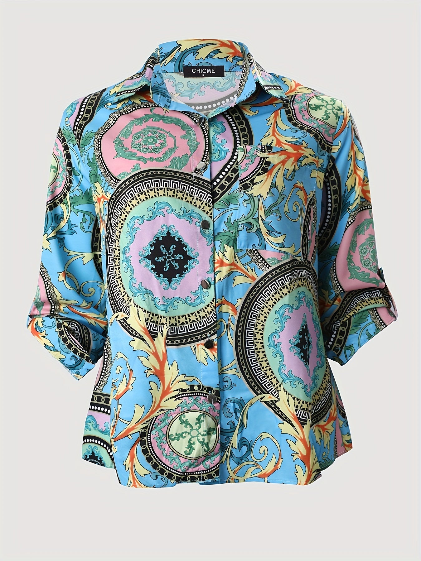  All Over Print Long Sleeve Blouse Women's Casual Button Front Shirt