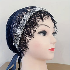 Faux Pearl Decor Turban Cap Lace Head Wrap Mesh Elastic Beanie