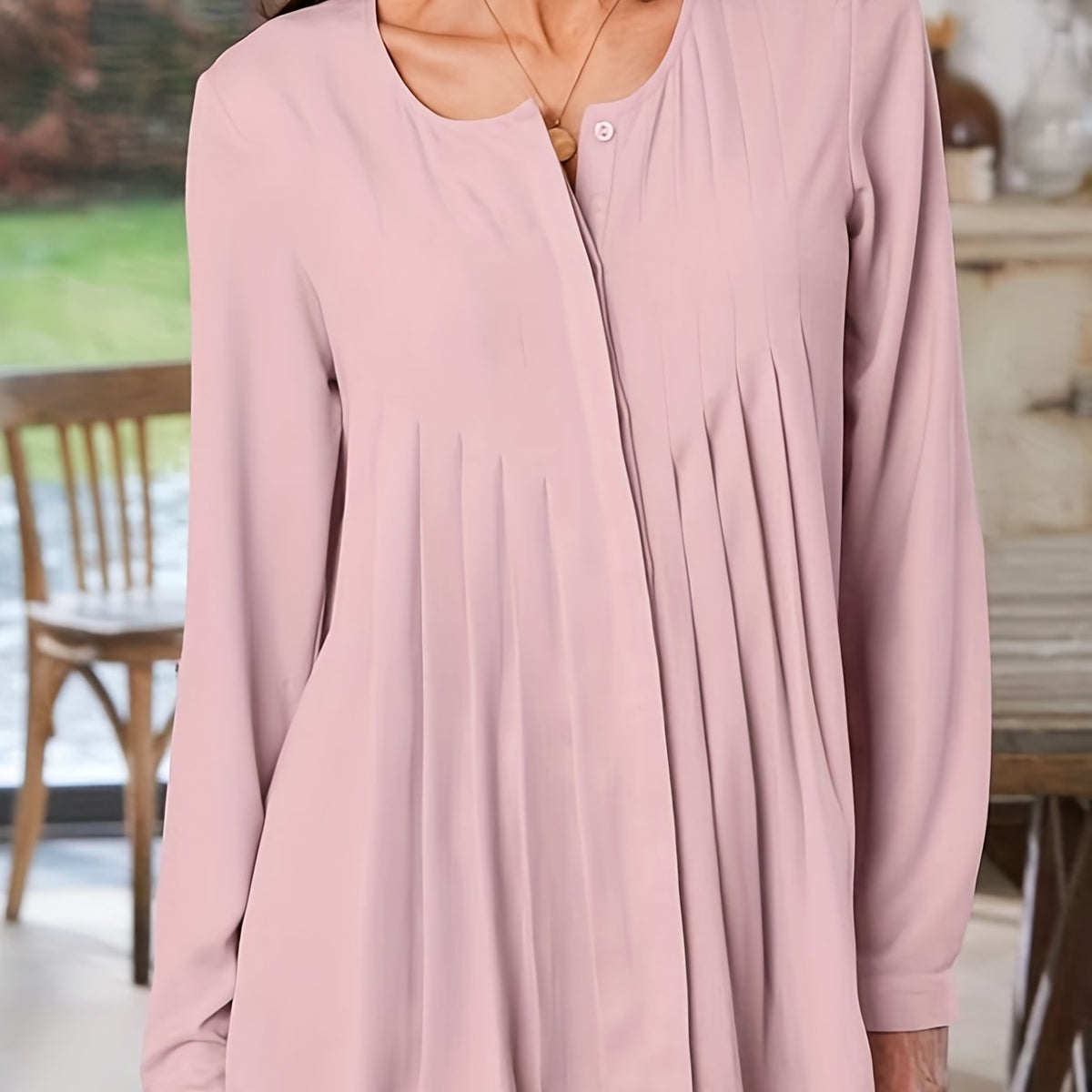  Women's Solid Detail Long Sleeve Tunic Top