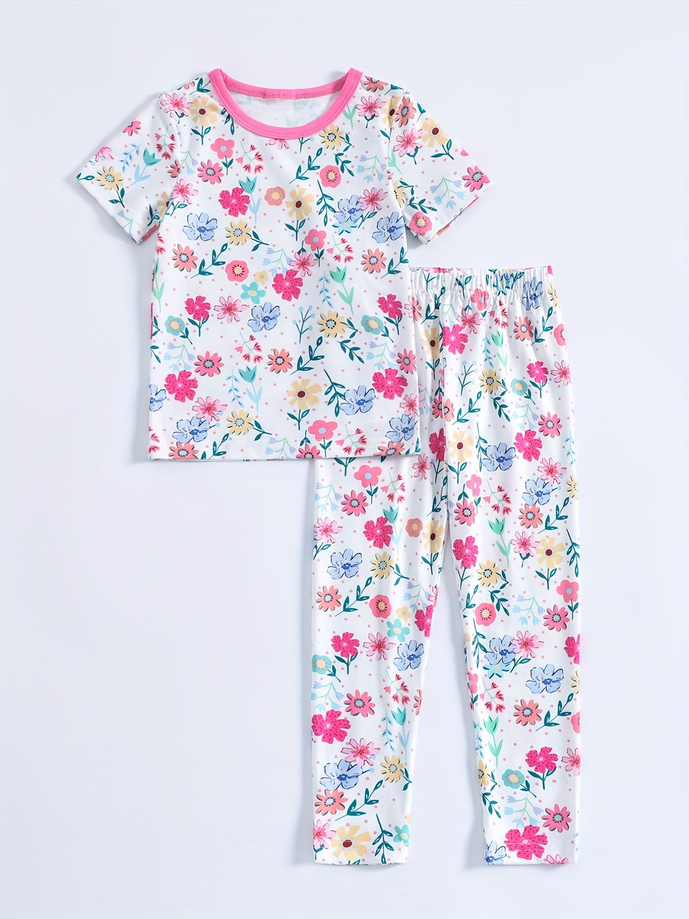 Girl's 2pcs Floral Print Pajama Set Short Sleeve Top & Pants