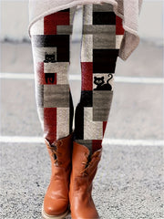  Geo & Cat Print Stretch Leggings