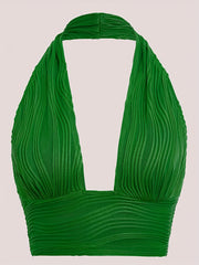 Y2K Textured Crop Halter Top Sexy V Neck Backless Halter Top