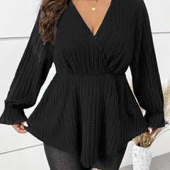  Solid Flounce Sleeve Ribbed Knit Peplum Top